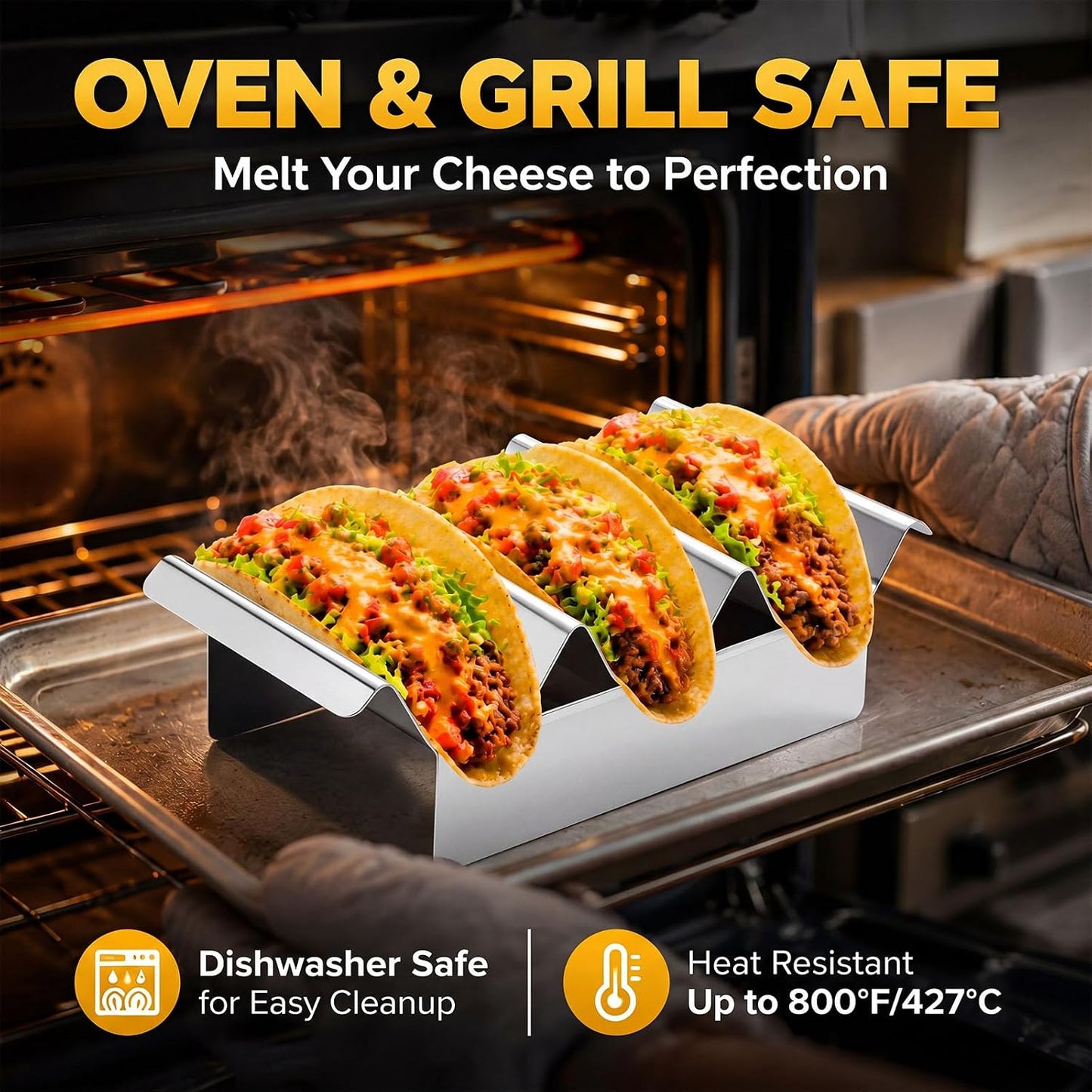 Potchen 4 Pcs 304 Stainless Taco Holder Bar with Base Taco Stands for 3 Tacos Metal Trays Easy to Clean, Dishwasher Safe, Hot Dog Prep Tray