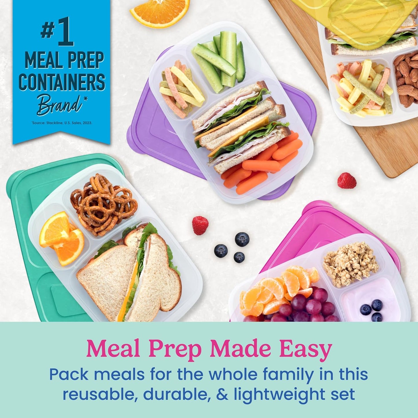 Bentgo Easyboxes - Original Stackable Lunch Boxes - Reusable 3-Compartment Food Containers for Kids and Adults - Bento Lunch Box for Meal Prep, School, & Work - BPA Free, Set of 4 (Earth Tones)