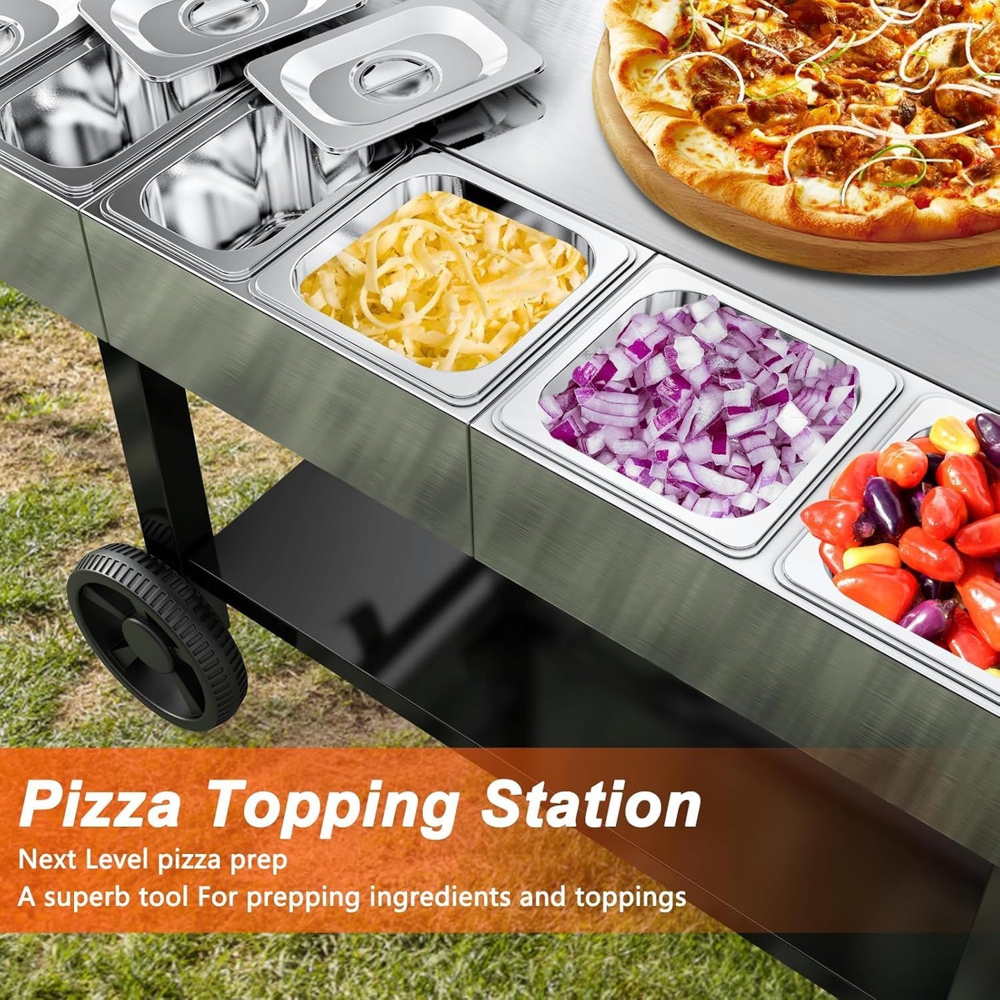 Pizza Topping Station for Pizza Oven Table, Stainless Steel Pizza Container with 6 Seasoning Containers with Lids, for Prepping Ingredients and Toppings, Oven Accessories Outdoor