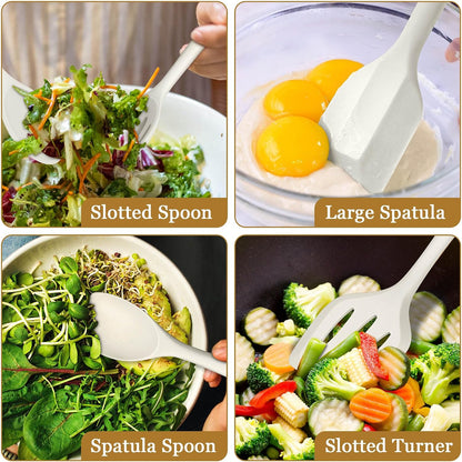 LIANYU Non-Toxic Silicone Kitchen Utensils Set, 8 Piece Non-Scratch Cooking Spoons & Spatulas, Stainless Steel Core, Heat Resistant & Dishwasher Safe, Khaki