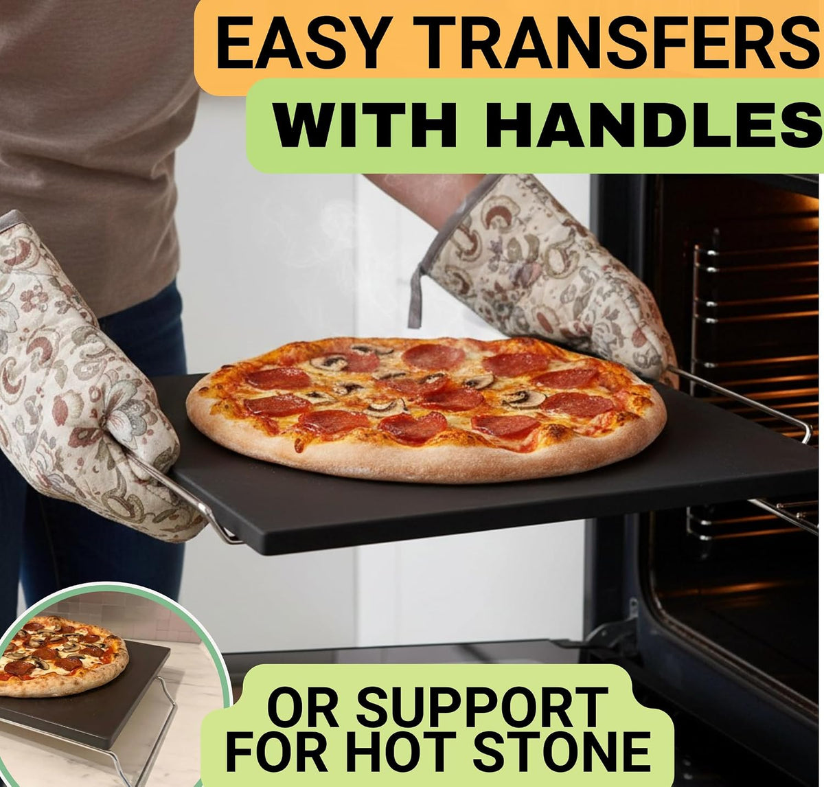 Pizza Stone for Oven and Grill Set - 5PCS Pizza Making Accessories Kit - 15 inch Pizza Stone with Handles, Pizza Peel, Pizza Cutter, Dough Tool - Baking Stone for Bread - Large Rectangular Oven Stones