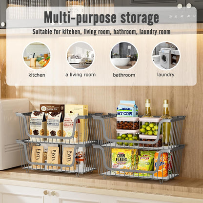 GAOKASE 4 Pcs Stackable Wire Baskets for Pantry Organizers and Storage,Vegetable Fruit Basket for Countertop,Kitchen Storage Metal Baskets,Produce Potato Onion Storage Bin-Black
