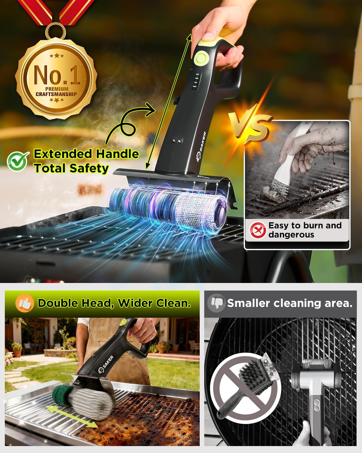 Saker Electric Grill Brush for Outdoor Grill, Bristle-Free Automatic Grill Cleaning Brush with 450 RPM & LED Light, Grill Rescue BBQ Brush Set with 3 Interchangeable Heads
