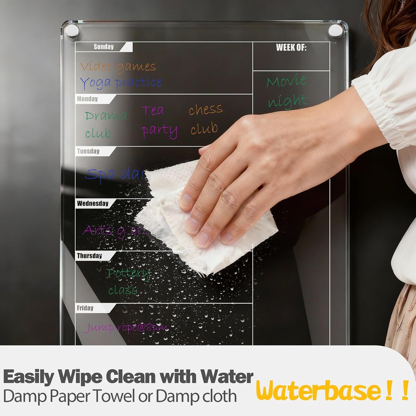 Acrylic Magnetic Dry Erase Calendar for Fridge Clear 37 * 27cm Vertical Weekly Meal Planner Menu Erasable Whiteboard Planning Board White 15" x 11" in/ 6 Color Wet Erase Marker