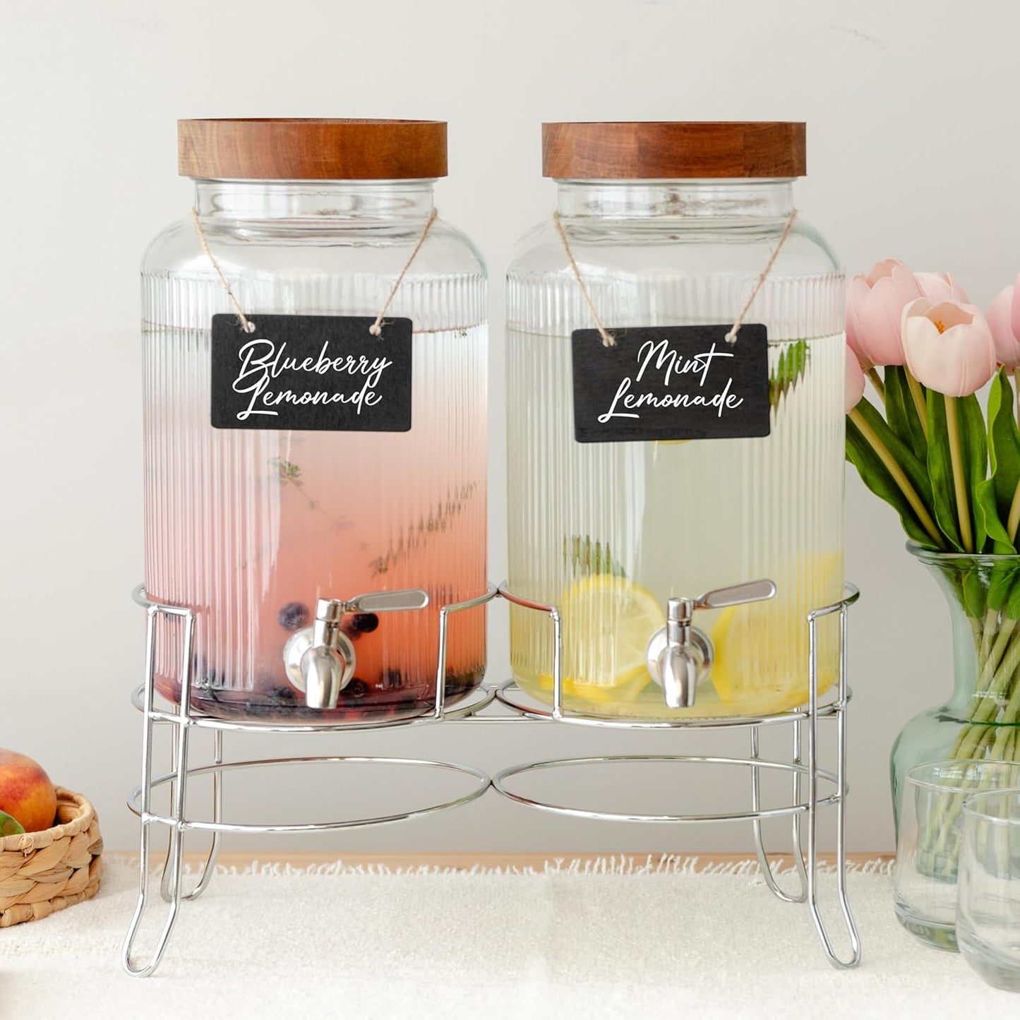 Ilyapa Glass Drink Dispensers for Parties with Stand - 2 Pack, 2 Gallon Double Beverage Dispenser with Wood Tops & Black Stainless Spigots