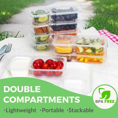 MACTANO Reusable Snack Containers with Lids, 9 oz Double Compartment Plastic Snack Pack Containers Portion Control Meal Prep Snack Boxes BPA Free 10 Sets for Work Travel School