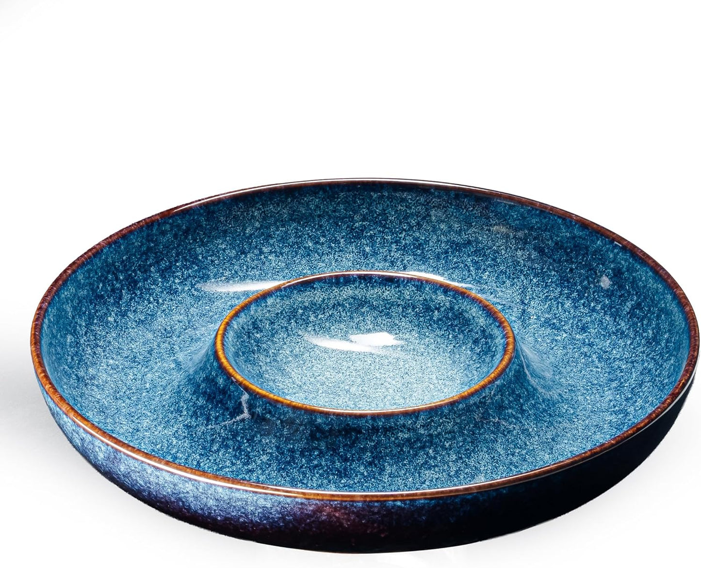 Ceramic Chips and Dip Serving Tray - Large Divided Party Bowl Set for Salsa, Veggies, Fruit & Snacks - Modern Minimalist Appetizer Platter with Unique Kiln-Change Glaze (Verdigris Green)