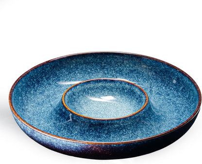Ceramic Chips and Dip Serving Tray - Large Divided Party Bowl Set for Salsa, Veggies, Fruit & Snacks - Modern Minimalist Appetizer Platter with Unique Kiln-Change Glaze (Verdigris Green)