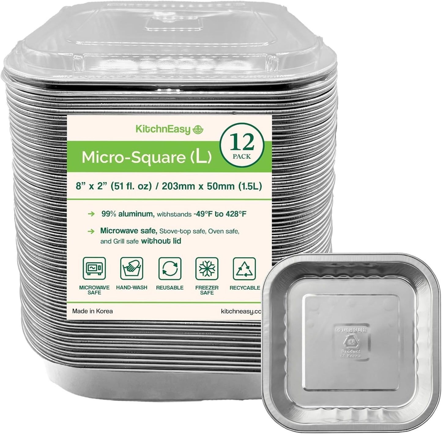 8" Square Heavy Duty Aluminum Container with lid | To-Go Boxes, Meal Prep Containers, Take-Out & Storage Containers | Reusable, Stackable | Reheat in Microwave, Stovetop, Oven & Grill (12)
