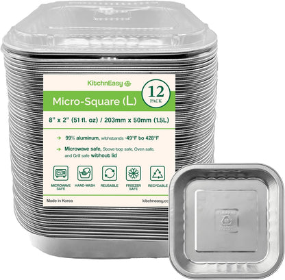 8" Square Heavy Duty Aluminum Container with lid | To-Go Boxes, Meal Prep Containers, Take-Out & Storage Containers | Reusable, Stackable | Reheat in Microwave, Stovetop, Oven & Grill (12)