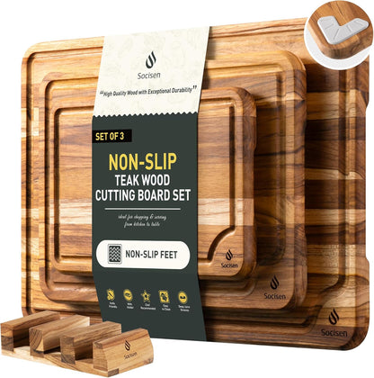 4 Pack Teak Wood Cutting Board Set for Kitchen Heavy Duty Non Toxic Non Slip Solid Thick Wood Haus Chopping Board Extra Large Big Small Meat Best Essential House Warming Hostess Host Gift