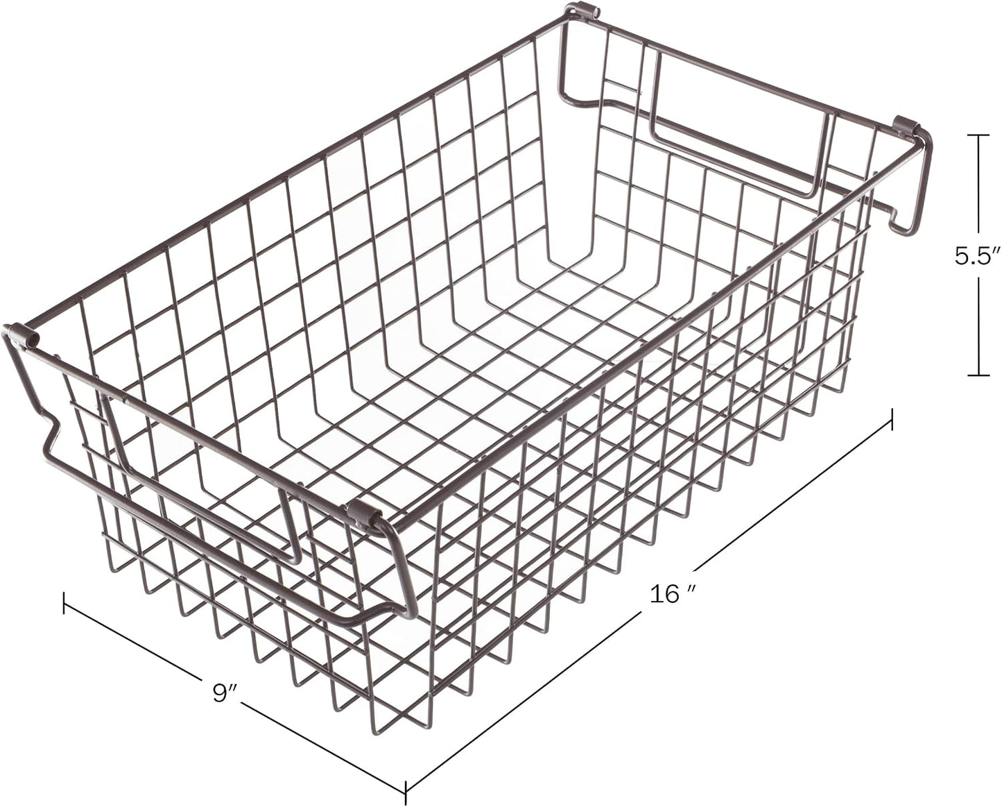 Home-Complete 2 pcs Medium Stackable Wire Baskets, 16"x12" Organizer Stacking Storage Bins for Shelf, Pantry, Kitchen, Cabinets, can also be used in Chest Freezers (Brown)