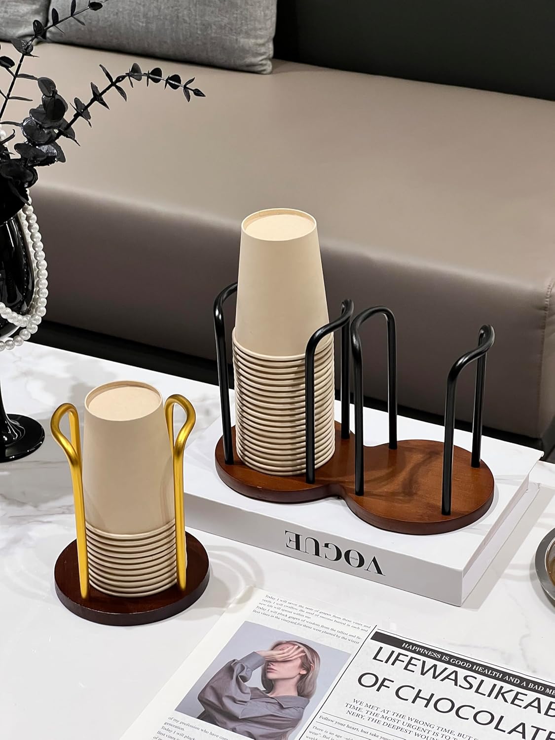 Wood Cup Holder for Cups (Under 3.35in Diameter), Stylish Walnut Disposable Cup Dispenser, Plastic Mouthwash Cup Storage Organizer -Perfect for Office, Kitchen, Gym, School or Cafes