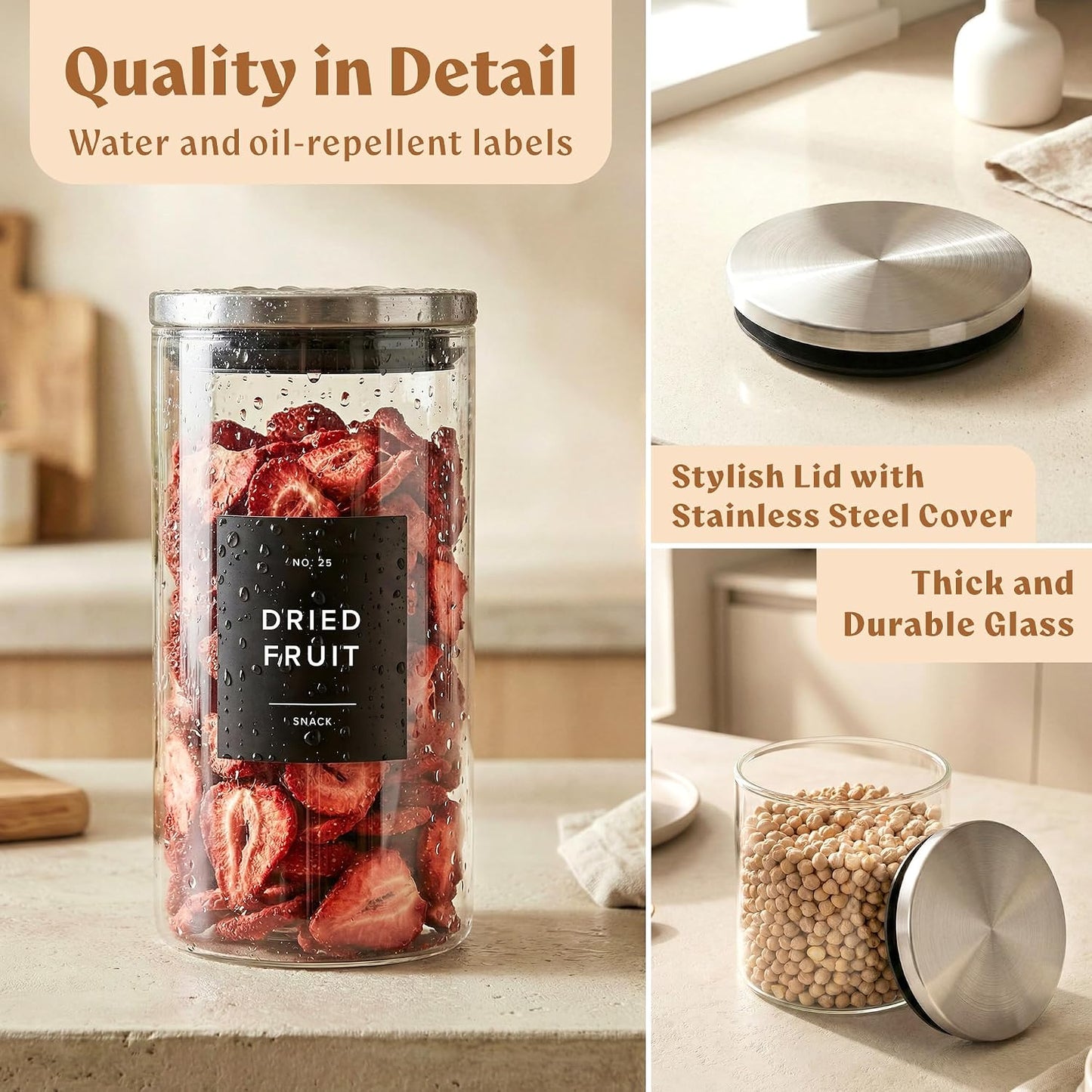 EDELHAUS 2x Large Glass Storage Containers with Airtight Black Lids [135oz/4000ml] | Extra Thick Glass Canisters for Pantry + 63 Labels | Flour Rice Cereal Sugar Coffee Beans Tea