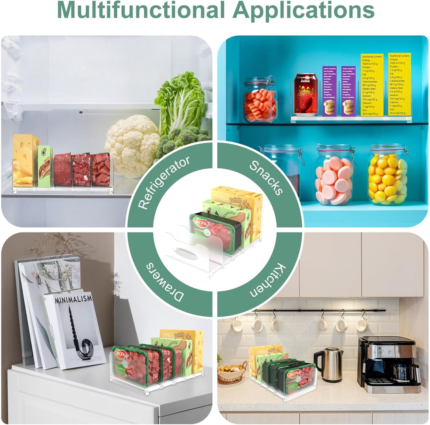 SURETIVIAN Freezer Organizer 12” Visible Fridge Organizer Rack with Removable Dividers and Handles, Freely Adjustable, Fits Refrigerator Frozen Meals, Lunch Meat Box, Cheeses (Mint Green)
