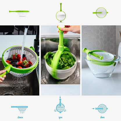 Dreamfarm Spina 2-In-1 Easy-To-Use, Collapsible Salad Spinner & Straining Colander for Salad, Fruit, Vegetable, Lettuce - White/Green | Compact storage, in-sink salad washer and strainer, 12 cup capacity, cleans fruit, vegetables and berries, drains pasta