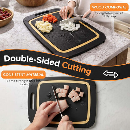 Earth's Dreams Composite Wood Cutting Board Set of 3 – Built In Juice Groove, Dishwasher Safe,Cutting Boards for Kitchen – Large, Medium & Small Non-Slip Wood Charcuterie & Chopping Boards (Tan/Black)