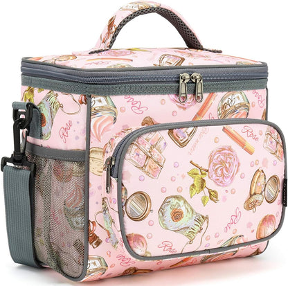 FlowFly Insulated Reusable Lunch Bag Adult Large Lunch Box for Women and Men with Adjustable Shoulder Strap,Front Zipper Pocket and Dual Large Mesh Side Pockets,Cherry - Colors B