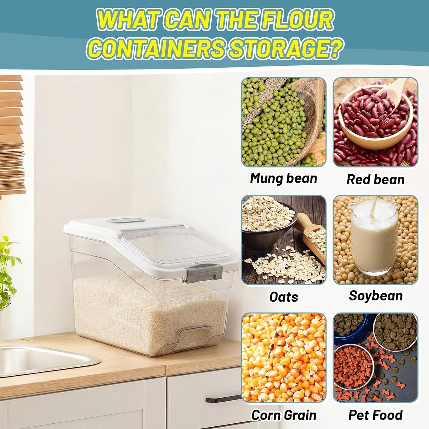 Blushtier 4 Pack Large Rice Storage Containers 30 Lbs Airtight Flour Container with Seal Locking Lid and Measuring Cup Kitchen Dry Food Storage Bins for Cereal Sugar Beans(Transparent White)