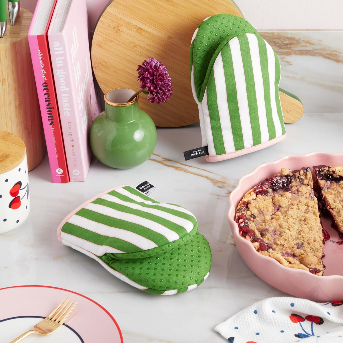 kate spade new york Botanical Stripe Mini Oven Mitt 2-Pack Set, 5.5" x 8", Black/Beige