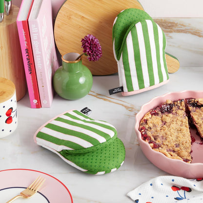 kate spade new york Botanical Stripe Mini Oven Mitt 2-Pack Set, 5.5" x 8", Black/Beige