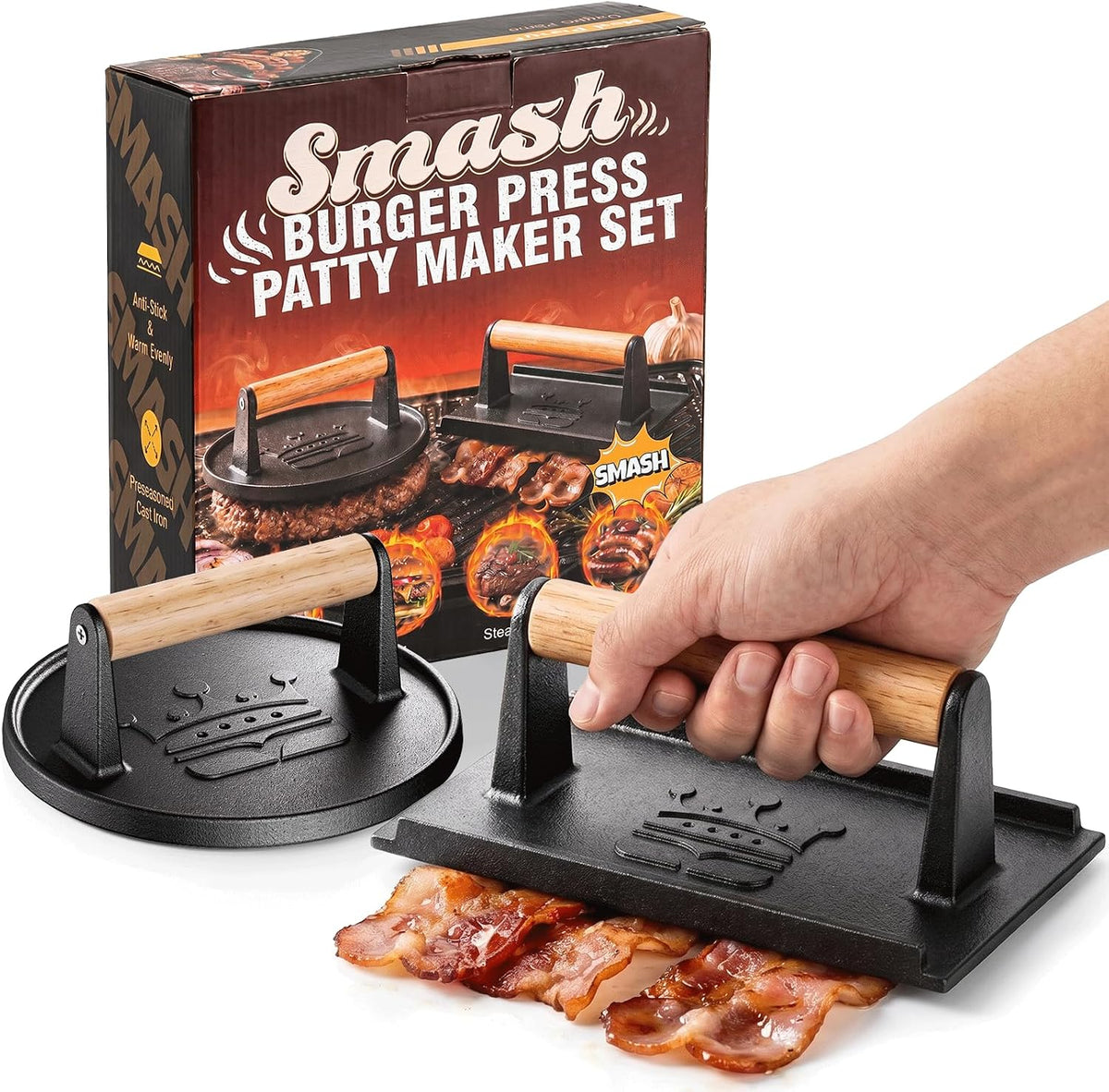 Smash Burger Press 6.5",Cast Iron Flat Round Burger Smasher, Gift