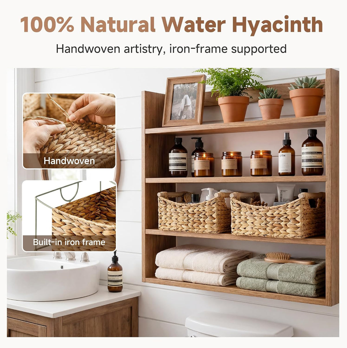 StorageWorks Wicker Baskets for Organizing, Water Hyacinth Storage Baskets with Handles, Woven Baskets for Pantry Storage, 13" x 8¼" x 7", 2-Pack