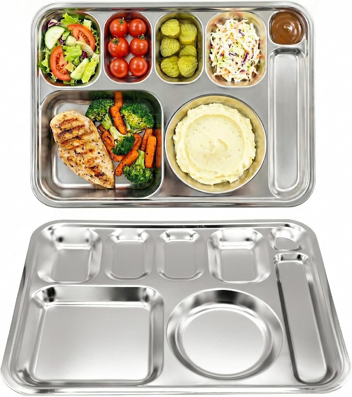 Korean Stainless Steel Divided Plates for Adults, Teens, Premium 304, Electro-Polished, No Black Residue, BPA-Free, Large 5-Compartment Food Tray, Diet Portion Control, Camping, Set of 2