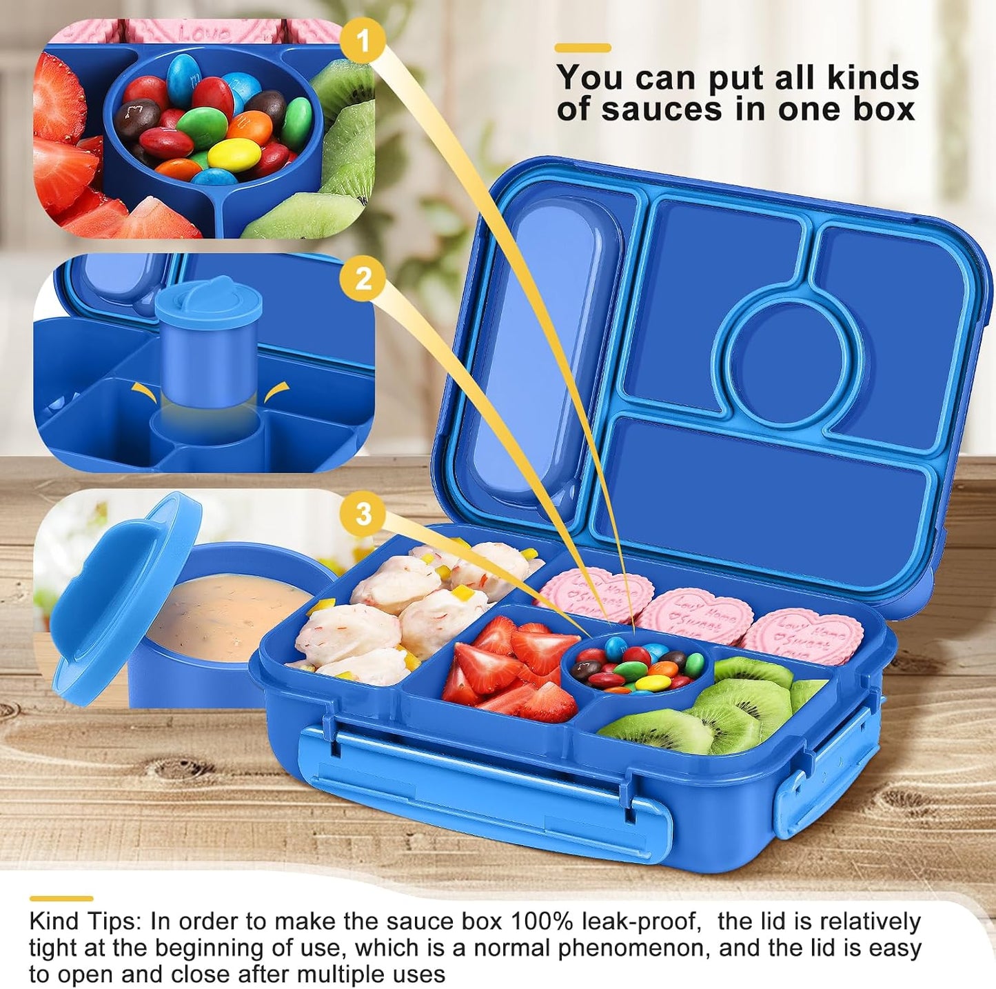 Amathley Bento Box Adult Lunch Box Kids,Lunch Containers for Adults/Kids/Toddler,5 Compartments Bento Lunch Box with Sauce Vontainers,Microwave & Dishwasher & Freezer Safe,BPA-Free (Blue)