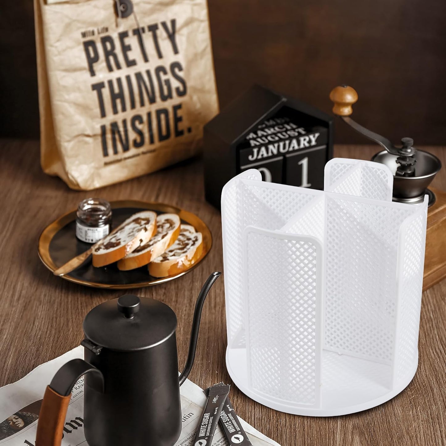 Rotating Paper Cup Dispenser with 4 Compartments, Disposable Coffee Cup Storage & Lid Holder for Countertops, Kitchen, Coffee Stations (White)