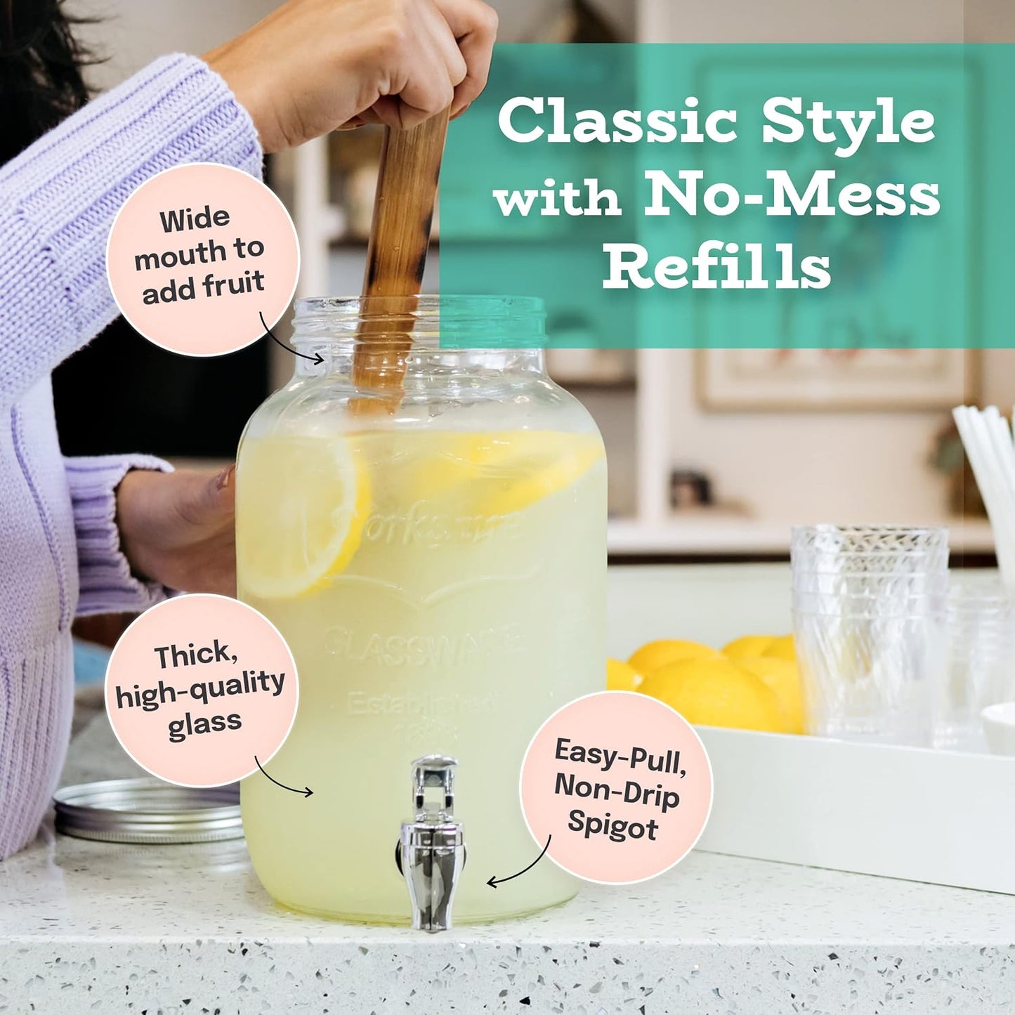 Estilo Gallon Drink Dispenser with Stand - Glass Beverage Dispenser with Stand for Weddings - Sun Tea Jar with Spigot 1 Gallon - Countertop Glass Water Dispenser for Lemonade and Parties
