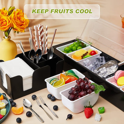 Tessco for you Garnish Tray with Lid Bar Caddy Ice Cooled Condiment Serving Container with Ice Scoop Metal Mini Serving Tongs Fruit Fork Spoons for Food Home Party Kitchen(Plastic,6 Grids)