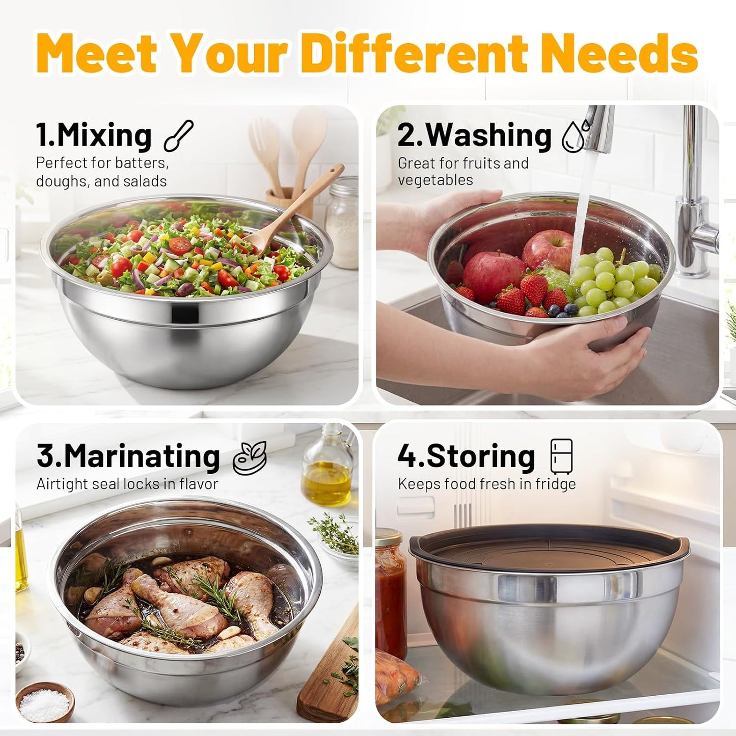 Beasea Stainless Steel Mixing Bowls, 5 Pack 1.5 QT Stackable Nesting Mixing Bowls with Airtight Lids, Metal Bowl with Lid for Baking, Meal Prepping, Salad, Serving, Food Storing