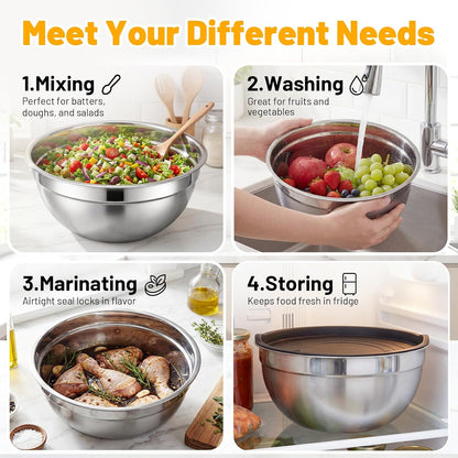 Beasea Stainless Steel Mixing Bowls, 5 Pack 1.5 QT Stackable Nesting Mixing Bowls with Airtight Lids, Metal Bowl with Lid for Baking, Meal Prepping, Salad, Serving, Food Storing