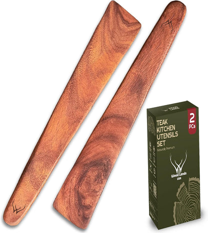 2PCS Wooden Spatula for Cooking – Premium Teak Wood Turner & Scraper Set for Cast Iron & Nonstick Cookware, Flat Egg & Pancake Flipper, Durable Heat-Resistant Kitchen Utensils