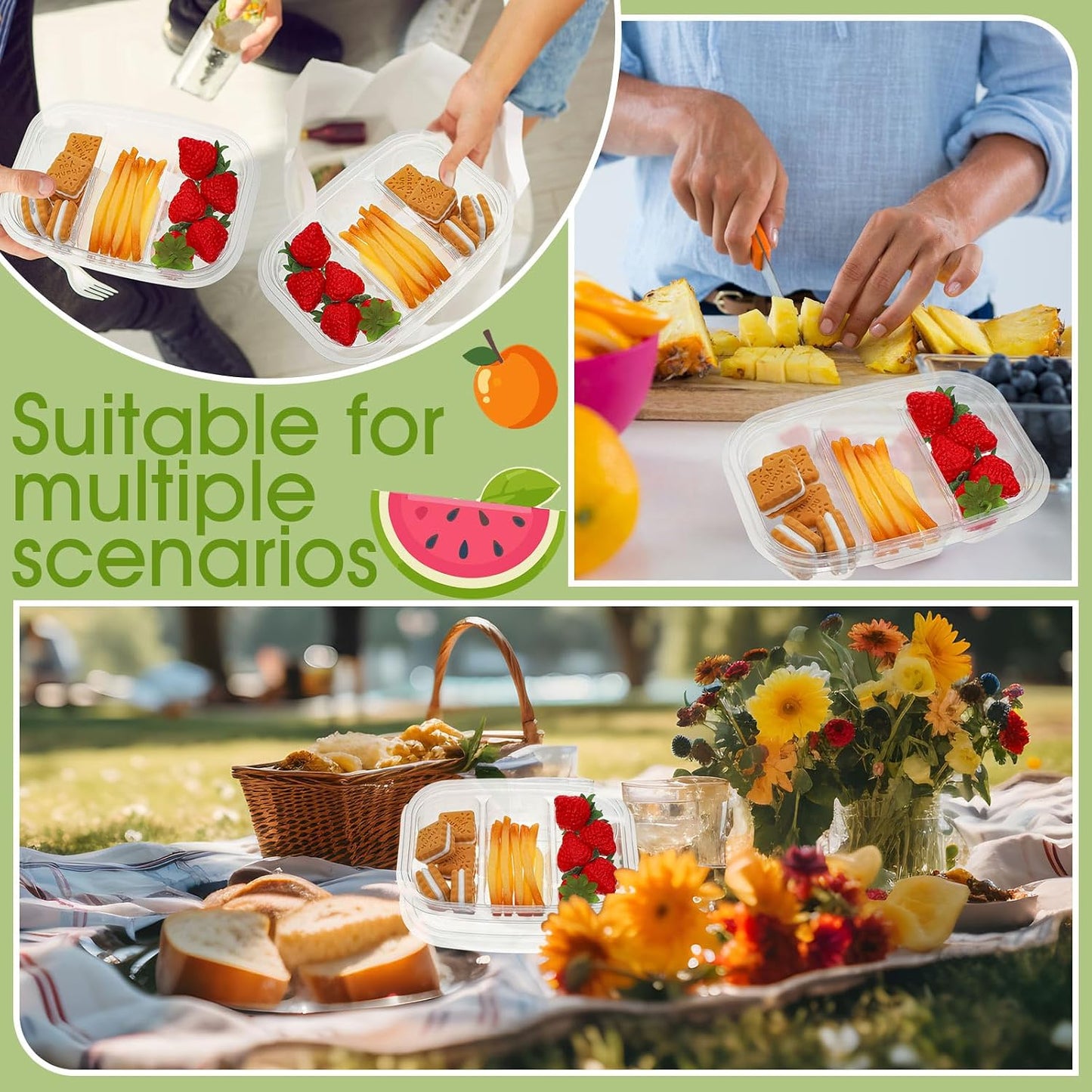 Chunful 36 Pcs 3 Compartment Transparent Snack Containers with Lids Disposable Bento Box Plastic Food Meal Prep Containers for Condiment Salad Dipping School Work Lunch