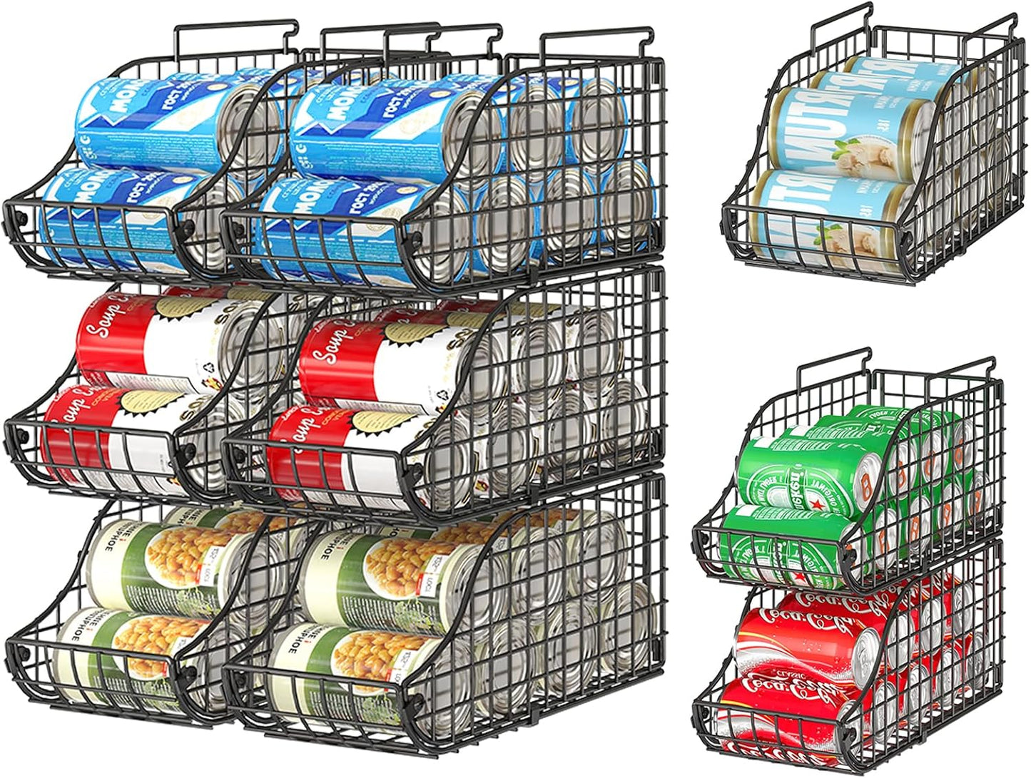 Sonyabecca 4-Pack Stackable Canned Food Organizer with Handles, Soda Can Organizer for Kitchen Pantry Shelves, Foldable Wire Cabinet Shelf for Can Storage, Patent Pending, Black