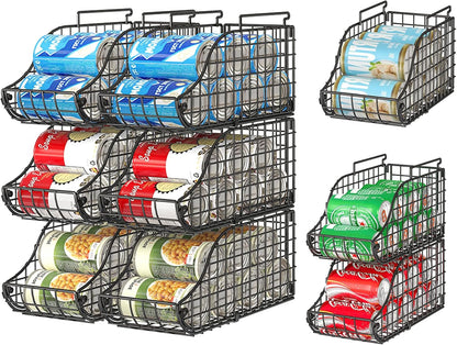 Sonyabecca 4-Pack Stackable Canned Food Organizer with Handles, Soda Can Organizer for Kitchen Pantry Shelves, Foldable Wire Cabinet Shelf for Can Storage, Patent Pending, Black