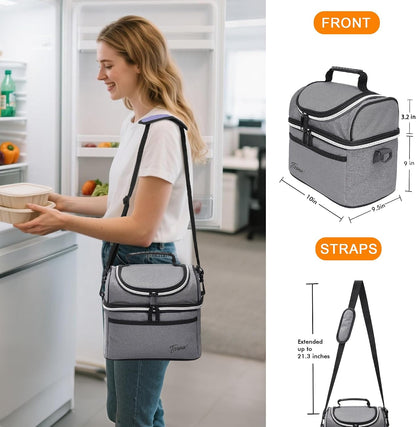 Tirrinia Reusable Lunch Box for Men Women, Insulated Lunch Bag Adult Work, Double Decker Leakproof Lunchbox for Office Picnic Beach—Dual Compartment Lunch Cooler Bag