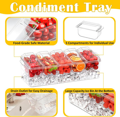 ARSTPEOE Condiment Tray, Chilled Condiment Server for Home, Party, Celebration, Bar Garnish Holder on Ice, Bar Accessories Fruit and Salad with Removable Trays and Lids (5 Spoons & 2 Tongs)