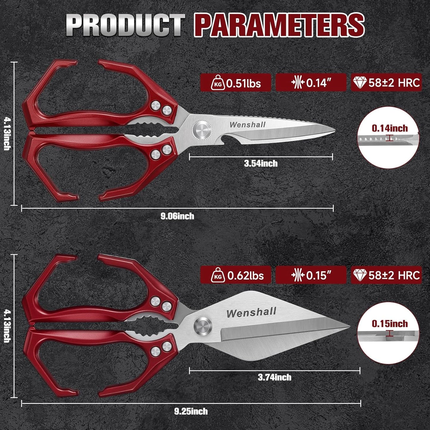 Wenshall 2-Pack Heavy Duty All-Purpose Kitchen Scissors, Japanese Stainless Steel, Kitchen Shears for Cutting Chicken, Poultry, Game, Meat - Chopping Vegetable, Dishwasher Safe,Christmas Gifts（Silver）