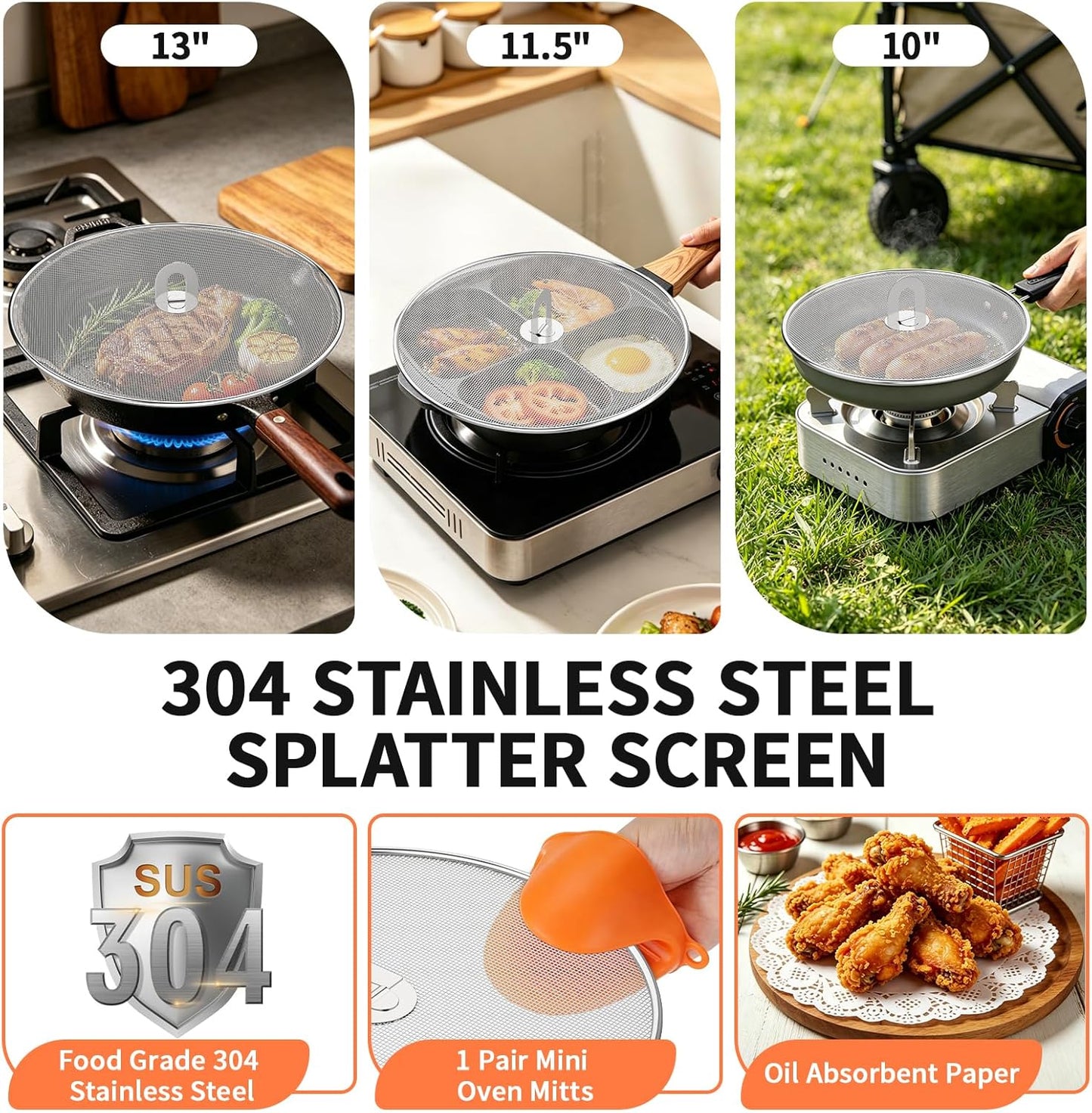 Splatter Screen for Frying Pan Set, 3 Pack 10"/11.5"/13" 304 Stainless Steel Grease Splatter Guard with Foldable Handle & Silicone Oven Mitts, Dishwasher Safe