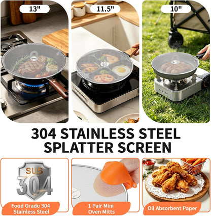 Splatter Screen for Frying Pan Set, 3 Pack 10"/11.5"/13" 304 Stainless Steel Grease Splatter Guard with Foldable Handle & Silicone Oven Mitts, Dishwasher Safe