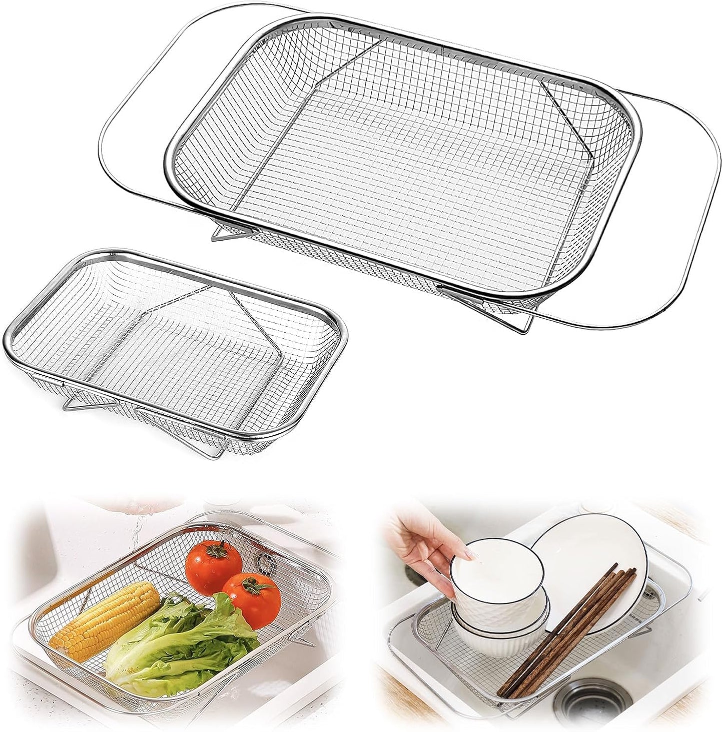 upgrade over the sink mesh colander expandable strainer stainless steel vegetable basket for kitchen sink (40 * 13 * 6.5cm)