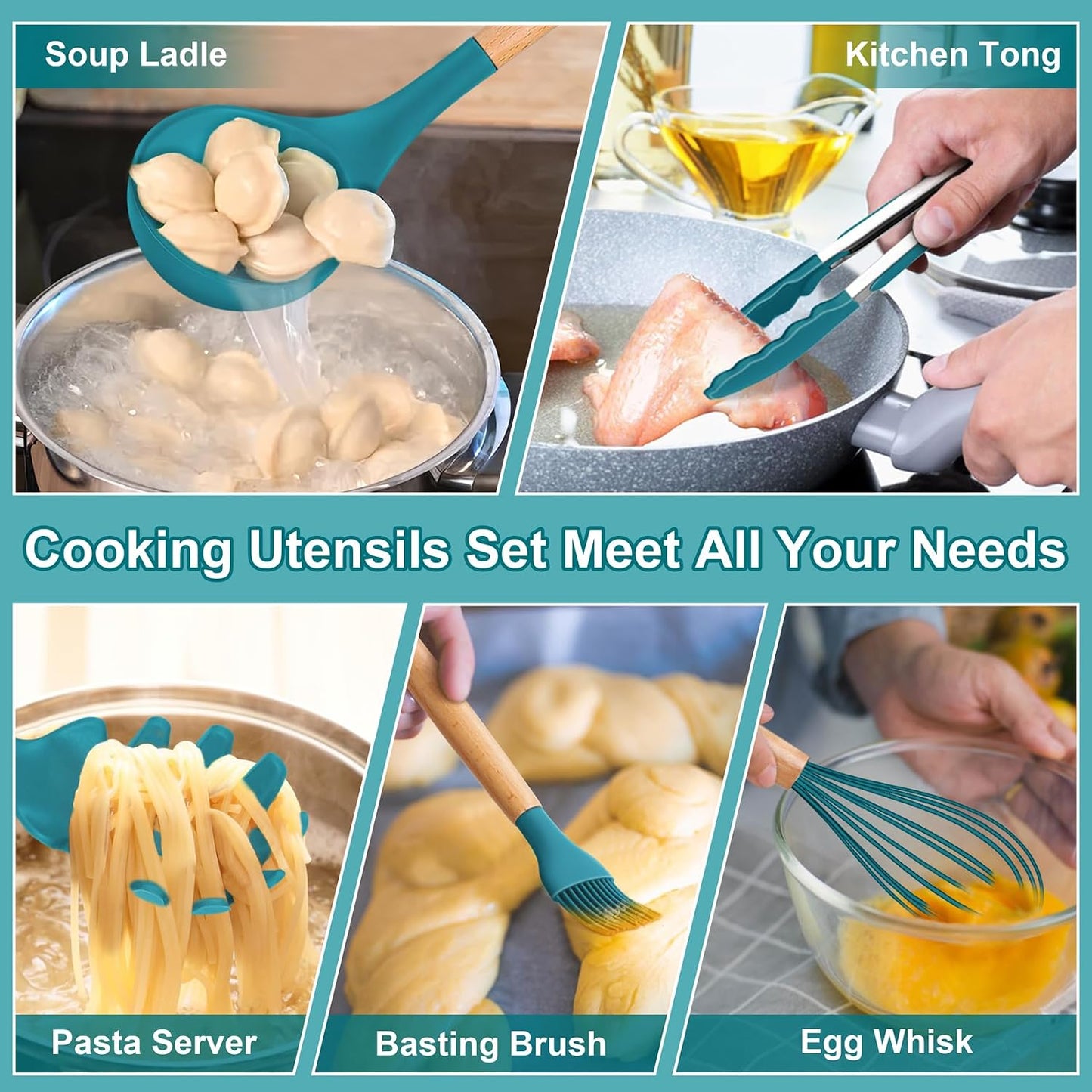 P&P CHEF Silicone Cooking Utensils Set, 12PCS Kitchen Utensils Set with Wooden Handle for Nonstick Cookware, Ladle, Spoon, Spatula, Tong, Heat-resistant & Non-scratch, Non Smell & Healthy, Khaki