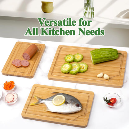 Wood Cutting Board Set of 4, Wooden Chopping Boards with Food Icons for Kitchen, Charcuterie Board for Meat, Vegetables, Fruits, Cheese