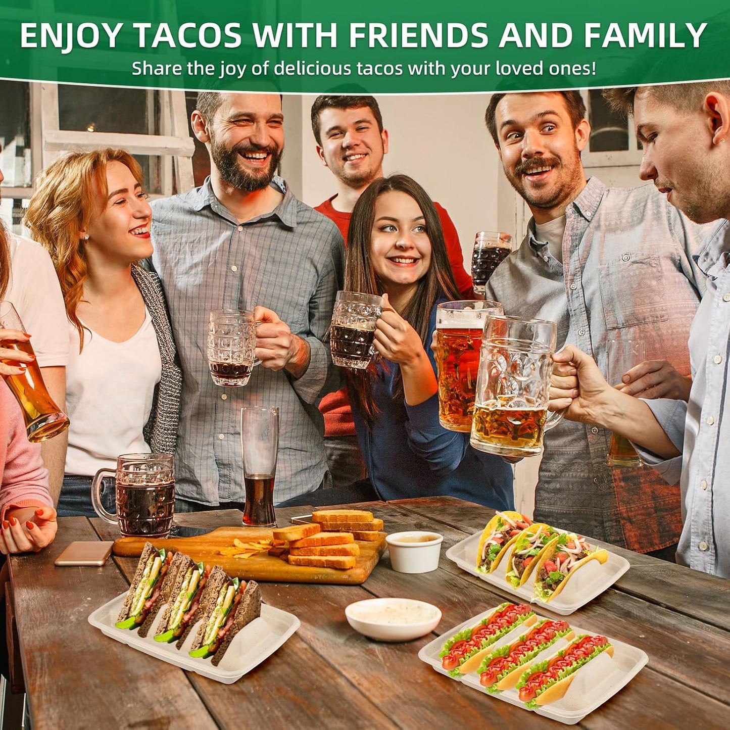 Disposable Taco Holders for Party - Bagasse Pulp Fiber Plates With 3 Dividers for Gathering, Fiesta Tray, Recyclable for Taco Tuesday Lazy Susan Bar (50PCS)