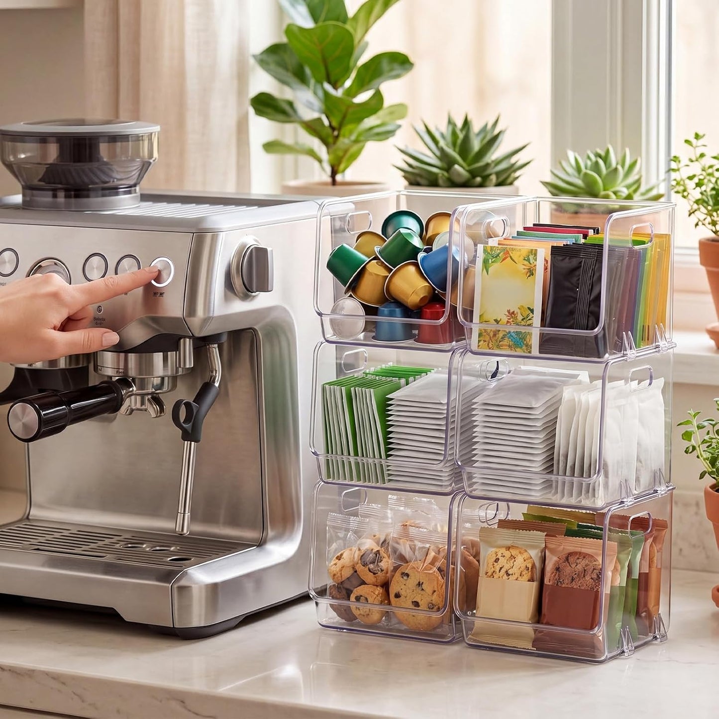 4 Pcs Clear Plastic Storage Bins Stackable Pantry Storage Organizer Kitchen Cabinet Organizers Ideal Containers for Coffee Pod Tea Sugar Bag Fridge Caddy Office