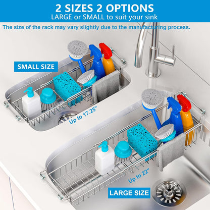 Over The Kitchen Sink Caddy Sponge Holder Organizer Drying Rack Expandable for Sponge Brush Soap Dish Cloth Rag 14.5" to 22", Stainless Steel