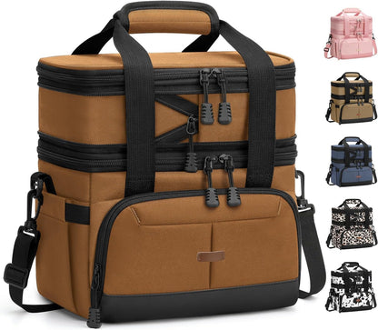 Pritent Lunch Box For Men Women Double Deck Insulated Lunch Bag For Men Woman Leakproof Expandable Cooler Bag with Adjustable Shoulder Strap for Kids Shool Work Picnic Camping(Beige,Large)
